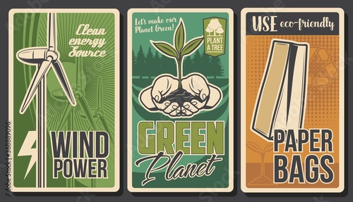 Ecology vector banners, green energy, environment, eco nature and recycling. Ecology power wind turbines, green plant in hands, eco friendly paper bag, forest tree and recycle symbol retro design