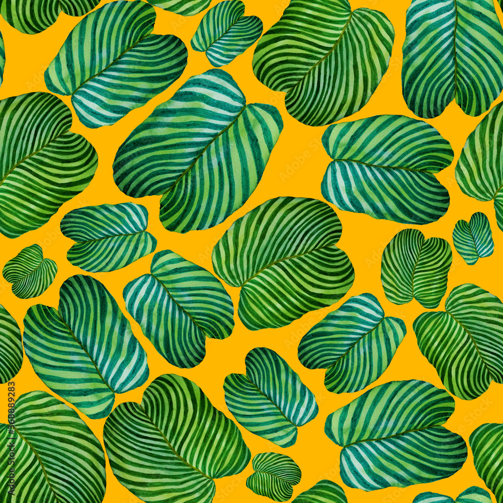 Modern abstract seamless pattern with watercolor tropical leaves for textile design. Retro bright summer background. Jungle foliage illustration. Swimwear botanical design. Vintage exotic print.	
