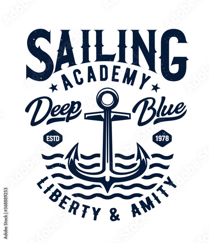 Anchor and sea waves t-shirt print vector mockup of sailing and yachting sport. Nautical ship, sailboat or yacht racing competition, regatta or sailing academy blue badge, custom apparel template