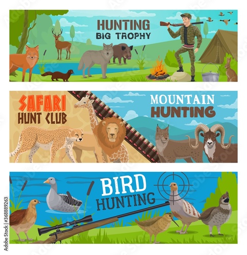 Hunting sport vector banners of hunter, gun, animal and bird. Hunt equipment, huntsman rifle target and ammunition, safari lion, cheetah, forest wolf and deer, lake duck, goose and quail, boar and fox