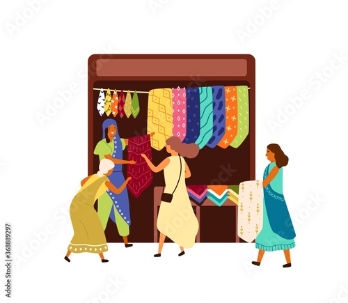 Arabic, Turkish, Oriental, Eastern fabric street market, souk, bazaar. Women tourists, people in marketplace buying shawl, silk, textile, sari. Flat vector cartoon illustration isolated on white