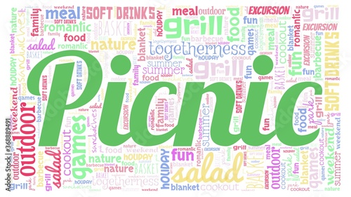Colorful picnic word cloud isolated on a white background. 