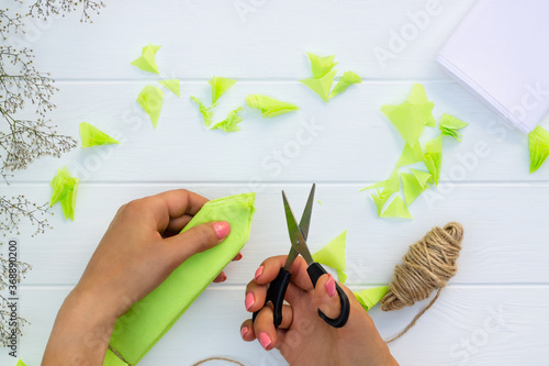 Step by step tutorial on making a light green fluffy pom-pom from tissue paper. Top view. Step 7 photo