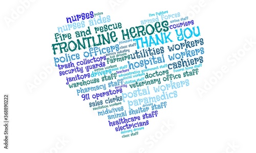 A word cloud in the shape of a heart naming essential workers and thanking the frontline heroes during the Coronavirus pandemic