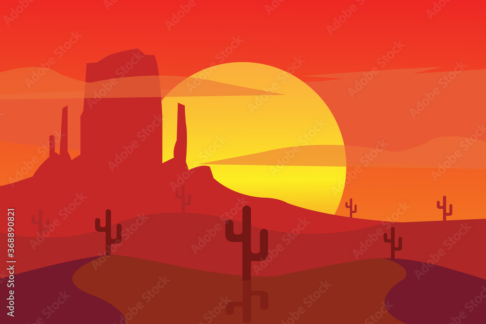 Landscape Flat Desert Landscape With Cactus
