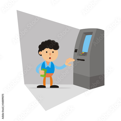 Male customer standing in front of atm machine taking money