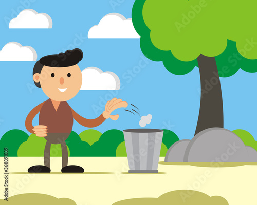 Man throwing garbage in the trash vector illustration, trash in the garden
