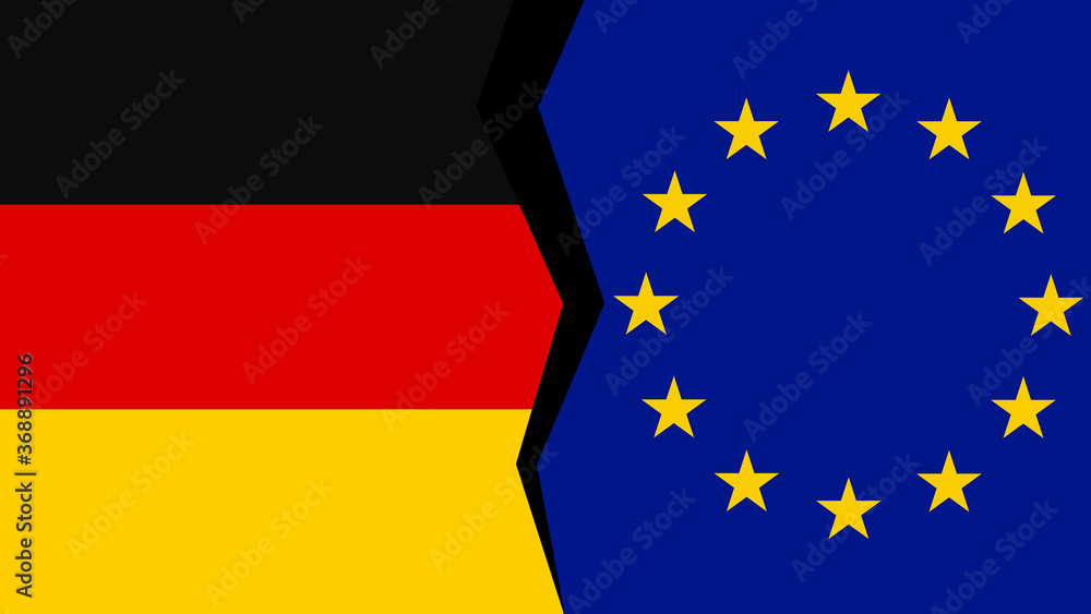 Vector illustration of the flags of the European Union and Germany, with a split/tear/fissure in between, indicating a conflict/disagreement/parting between the two.
