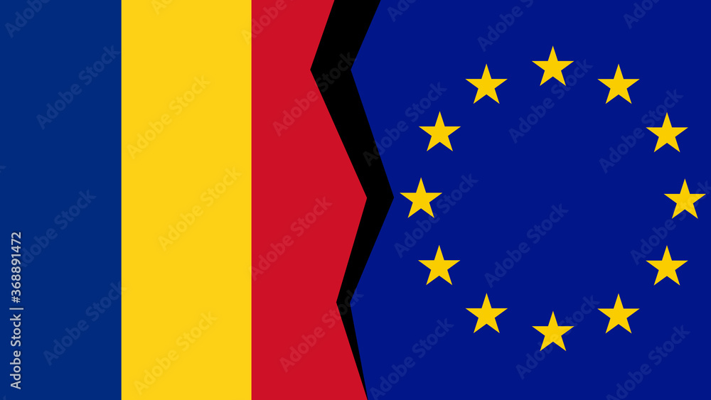 Vector illustration of the flags of the European Union and Romania, with a split/tear/fissure in between, indicating a conflict/disagreement/parting between the two.