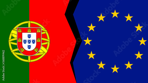 Vector illustration of the flags of the European Union and Portugal, with a split/tear/fissure in between, indicating a conflict/disagreement/parting between the two.