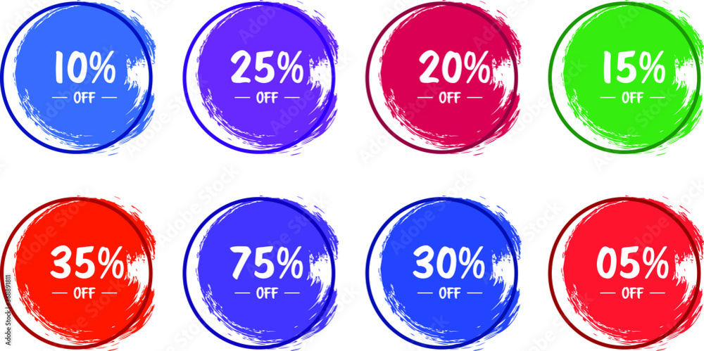 Set of grunge sticker with multiple percent off in a flat design with halftone. For sale, promotion, advertising Set of grunge sticker with multiple percent off in a flat design with halftone. For sale, promotion, advertising