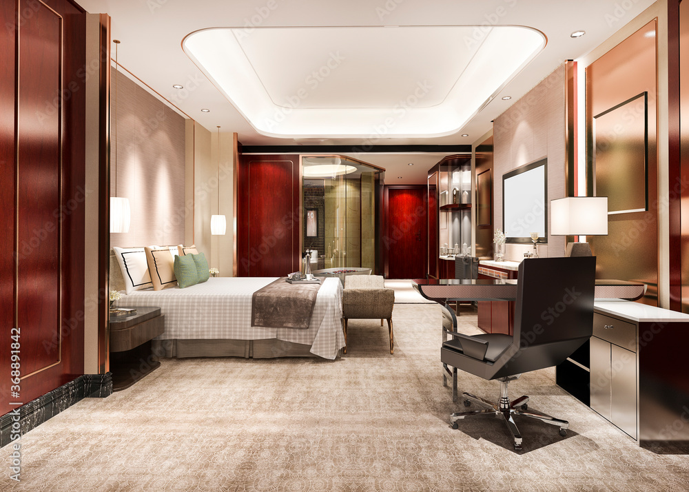 3d rendering red luxury bedroom suite in resort high rise hotel with working table 3d rendering red luxury bedroom suite in resort high rise hotel with working table