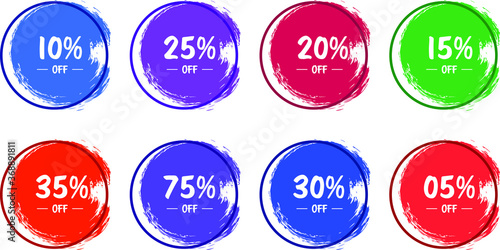 Set of grunge sticker with multiple percent off in a flat design with halftone. For sale, promotion, advertising