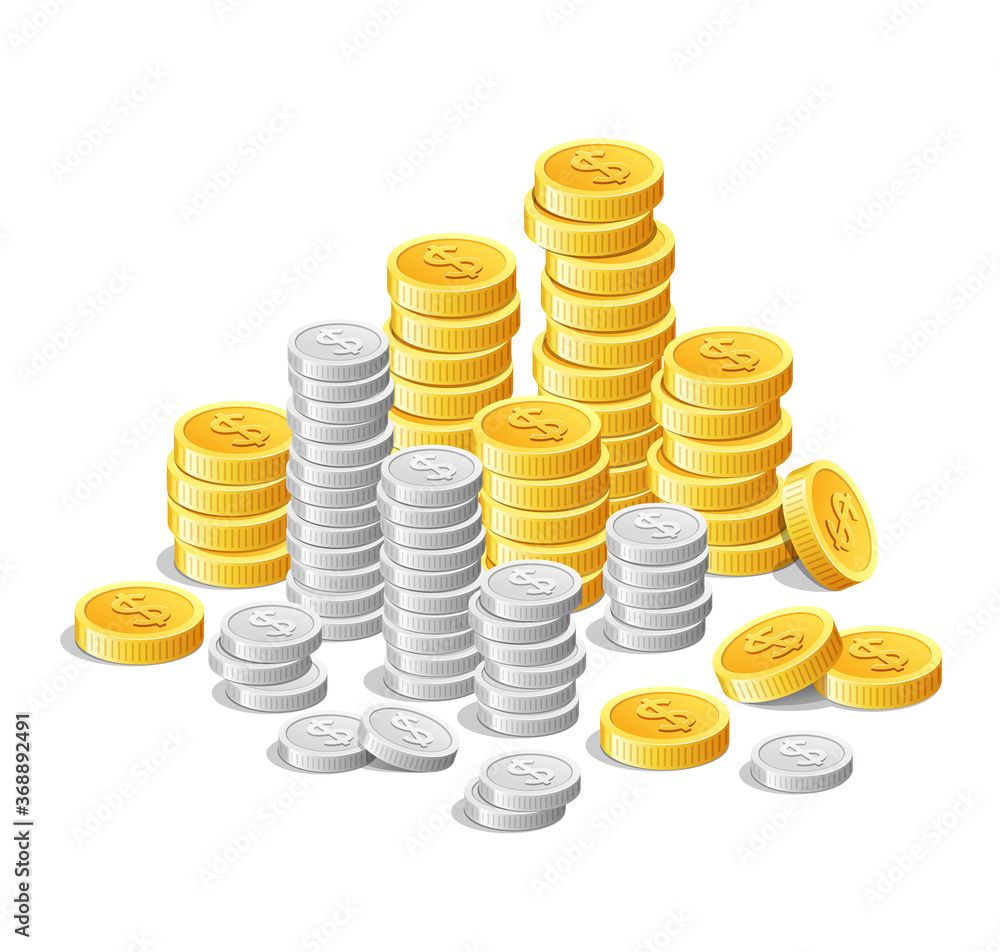 Gold coins and silver coins, money cash finance investment isolated on white background, vector illustration Gold coins and silver coins, money cash finance investment isolated on white background, vector illustration