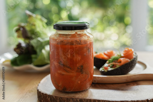 Homemade fermented kimchi glass jar. Korean traditional cuisine. Probiotics food for gut health