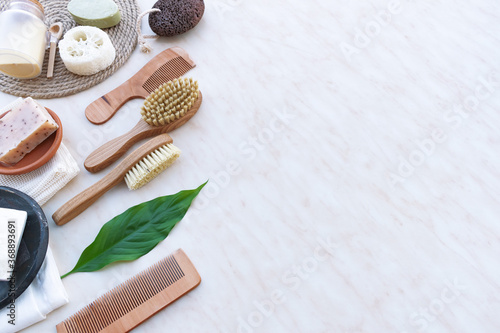 Set of Soap Eco Bag, bamboo toothbrush, Geometry natural Eco cosmetics products and tools.