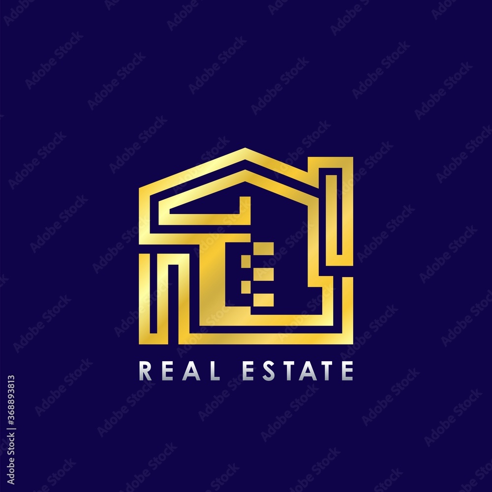 Golden E Line House Logo Template Design for Building Real Estate Business Identity Logo Icon. Golden E Line House Logo Template Design for Building Real Estate Business Identity Logo Icon.