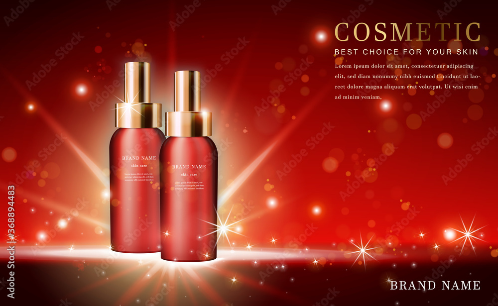 Vector 3D cosmetic make up illustration product essence bottle with shiny red background Vector 3D cosmetic make up illustration product essence bottle with shiny red background