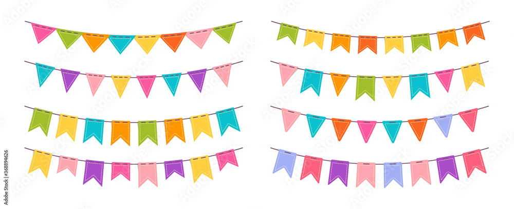 Flag garland bunting birthday party flat set. Buntings pennants for  celebration, festival decoration. Anniversary, celebration party hanging flags  cartoon collection. Isolated vector illustration Stock Vector | Adobe Stock