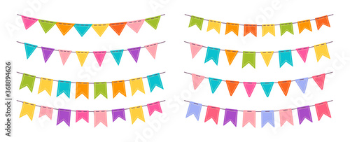 Flag garland bunting birthday party flat set. Buntings pennants for celebration, festival decoration. Anniversary, celebration party hanging flags cartoon collection. Isolated vector illustration