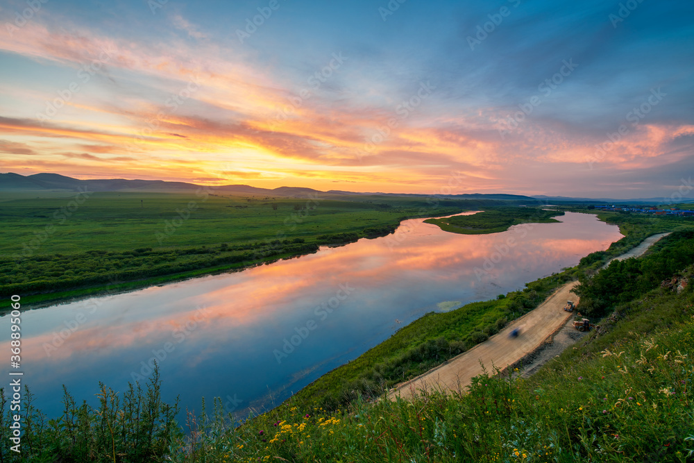 Ergun River sunriseand sunset landscape in Linjiang  Ergun city  Inner Mongolia, China.