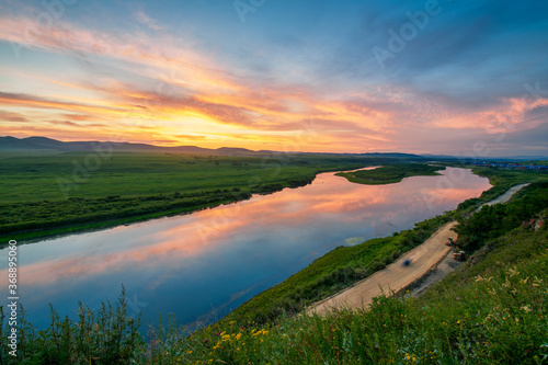 Ergun River sunriseand sunset landscape in Linjiang  Ergun city  Inner Mongolia  China.