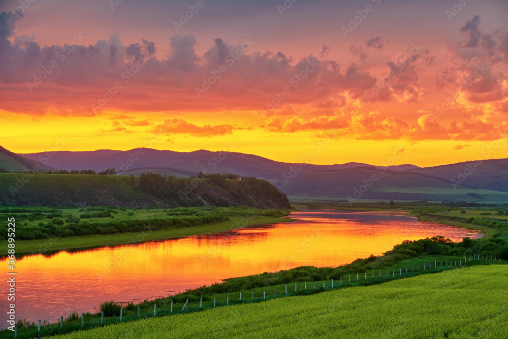 Ergun River sunriseand sunset landscape in Linjiang  Ergun city  Inner Mongolia, China.