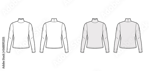 Turtleneck jersey sweater technical fashion illustration with long sleeves, oversized body. Flat outwear apparel template front back white grey color. Women men unisex shirt top CAD mockup