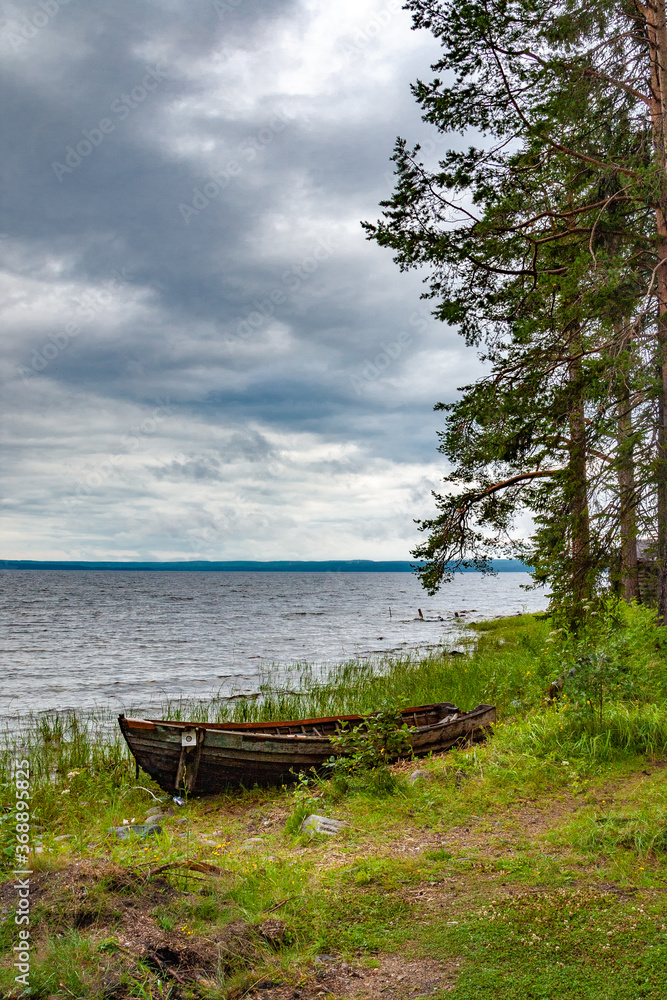 wooden boat on the shore of Lake Onega