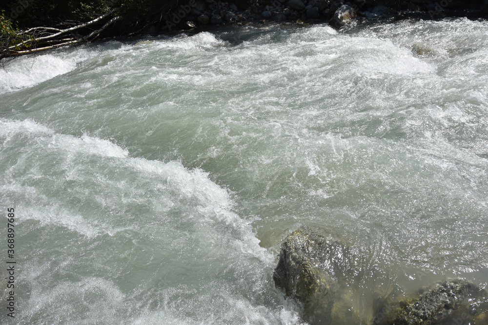 Mountain river water landscape. Wild river in the mountains. Mountain wild river water view