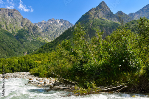 Mountain river water landscape. Wild river in the mountains. Mountain wild river water view