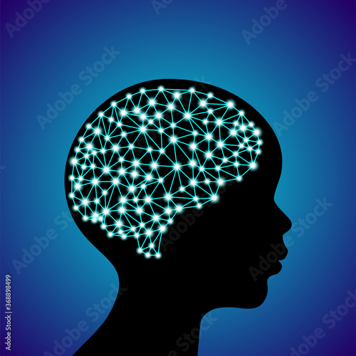 3d digital neuro glowing particles lines and dots plexus structure human brain on child head black silhouette, stock vector illustration design element on blue gradient background