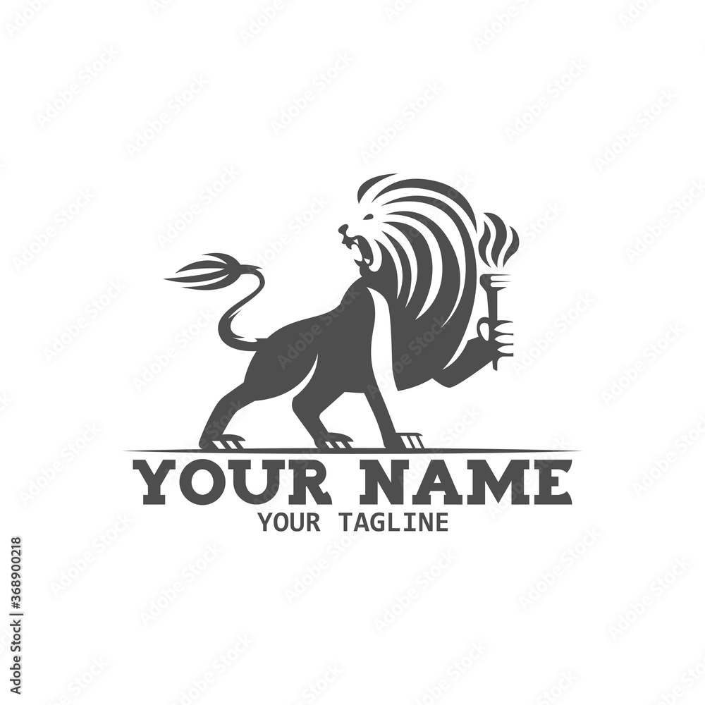 Fototapeta premium Black heraldic lion with torch logo vector illustration