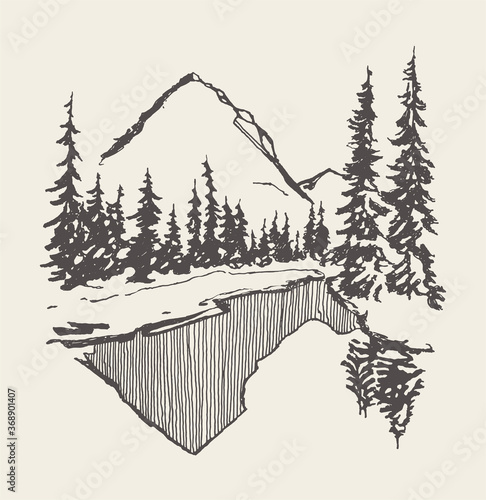 Two mountains spruce forest and lake vector sketch