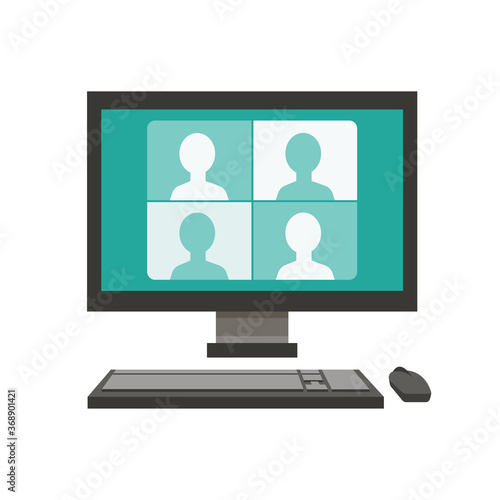 Isolated modern flat vector illustration of a computer. Teleconference via monitor.