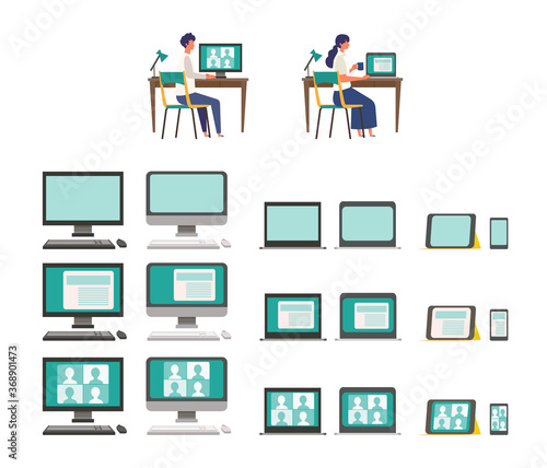 Isolated modern flat vector illustration of various office equipments. Teleconference via monitor, laptop, tablet , smart phone, keyboard and mouse.