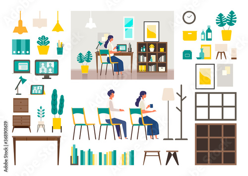 Set of vector interiors with furniture. Isolated modern flat vector illustrations of various interiors.