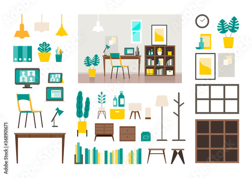 Set of vector interiors with furniture. Isolated modern flat vector illustrations of various interiors.