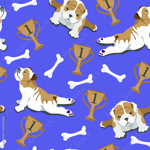 Seamless pattern with 
Bulldog puppies, dog bone and goblet with perm spot on purple background. Print for textiles, fabrics, children's styl