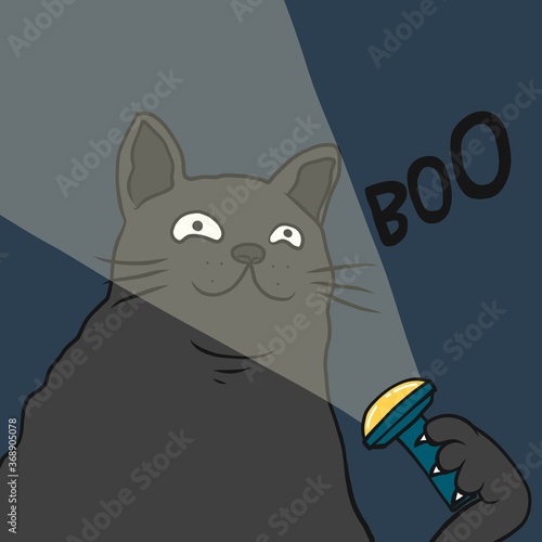 Black fat cat play with flashlight on face and say Boo, Halloween concept cartoon vector illustration