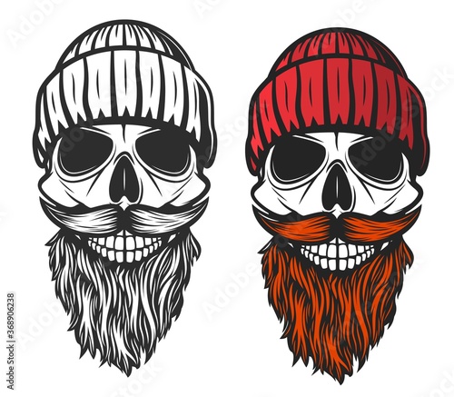 Skull with red beard, mustache and knitted hat. Vector skeleton head of dead lumberjack or forester, hipster man, sea ship captain or sailor, barbershop symbol, tattoo or t-shirt print design