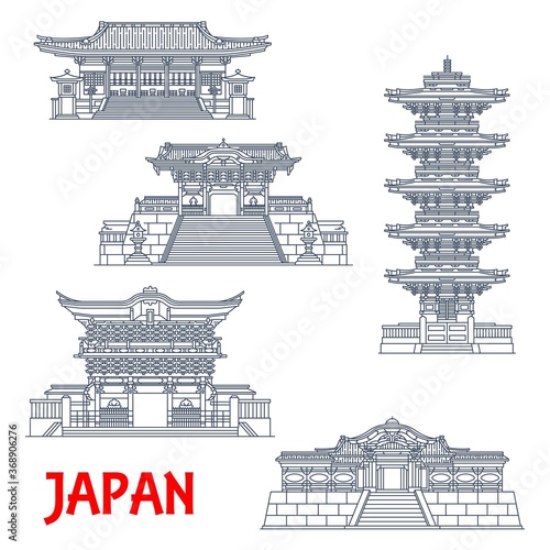 Japanese travel landmarks with vector thin line shrines and temples of Nikko. Ancient Futarasan and Toshogu shrines, five-story pagoda, Omotemon, Yomeimon, Karamon or Karakado gates, Asian tourism