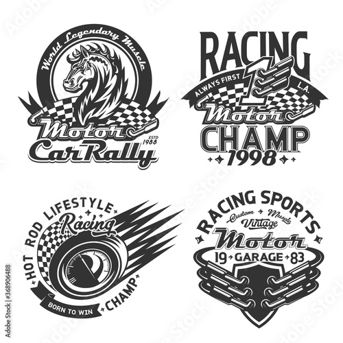Racing sport and car rally t-shirt print mockup, vector motorsport championship custom apparel. Start and finish racing flags, wild mustang horse, race auto speedometer and mufflers badge templates