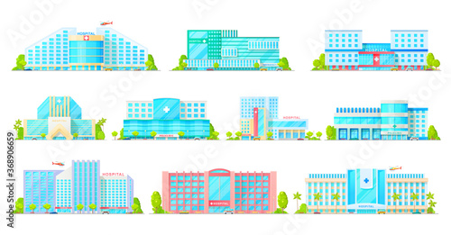 Hospital, medical clinic and ambulatory center vector icons with buildings of medicine and healthcare. Emergency health care hospital buildings with ambulance vehicles, car or truck and helicopter