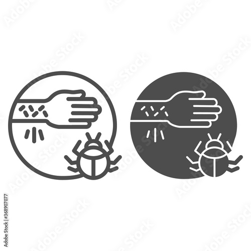 Hand with irritate skin and beetle line and solid icon, Allergy symptoms concept, Allergy to beetles sign on white background, mite or bug insect allergen icon in outline style. Vector graphics.