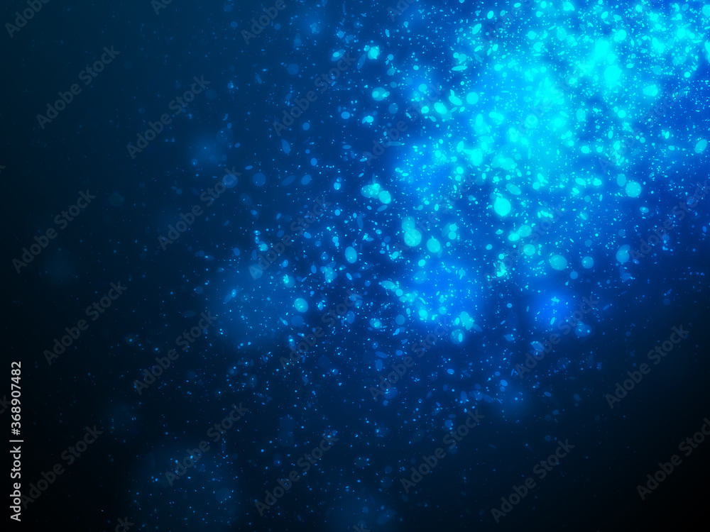 Many blue glitter and sparkle light effect floating with spot light from side scene setting on dark blue background
