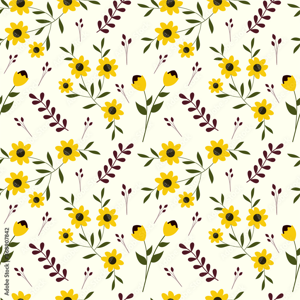 Cute yellow hand drawn flower on spring seamless pattern for print textile