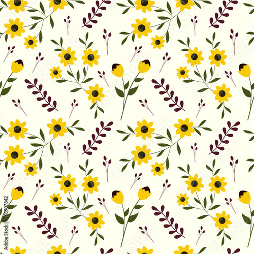 Cute yellow hand drawn flower on spring seamless pattern for print textile