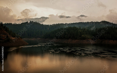 Applegate lake in Southern Oregon, during a foggy rainstorm. 