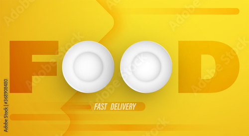 Realistic plates. Fast food delivery from shops for online orders. Service. Conceptual yellow banner. Vector